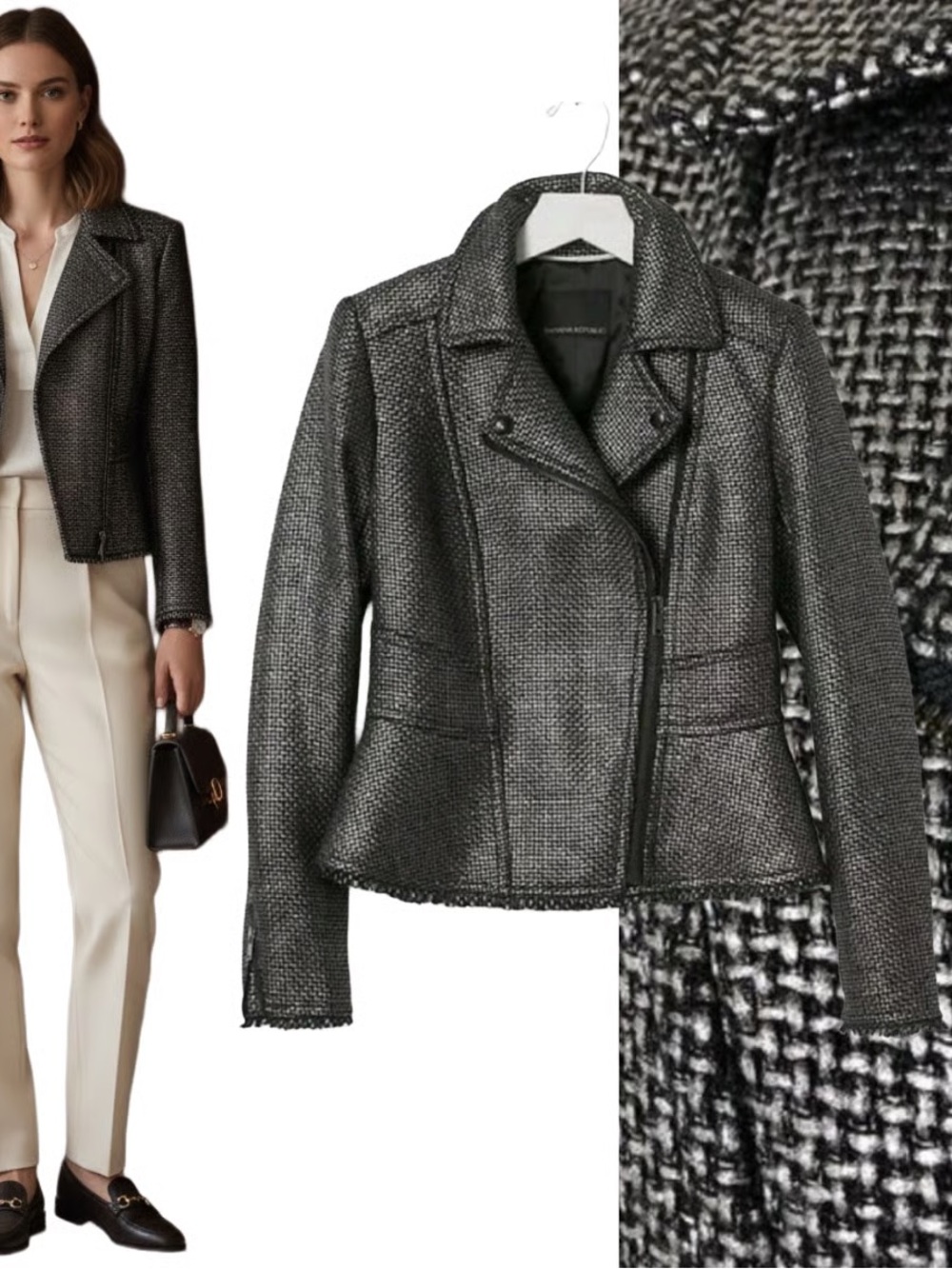 Banana Republic Metallic Black Tweed Moto Blazer